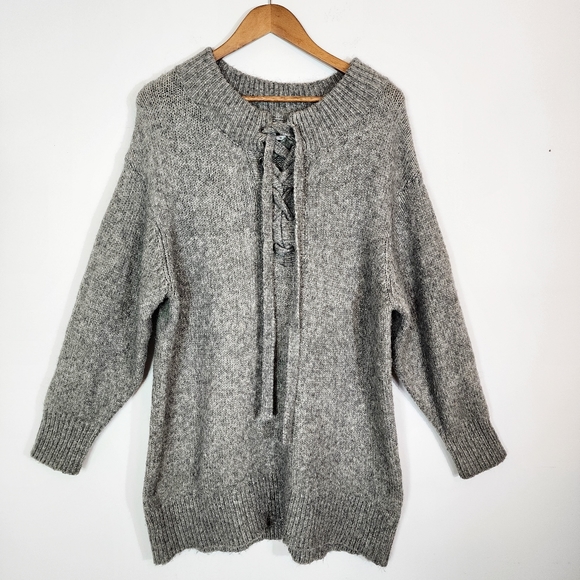 Zara Lace Up Oversized Wool Mohair Mock Neck Sweater Dress Grey Size Medium - Picture 2 of 11